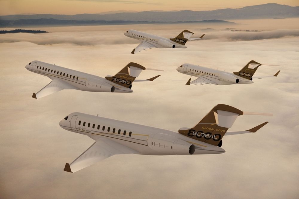 Global-familien til Bombardier blir i løpet av seks-sju år supplert med to nye medlemmer, nemlig Global 7000 og Global 8000 (nederst på bildet).