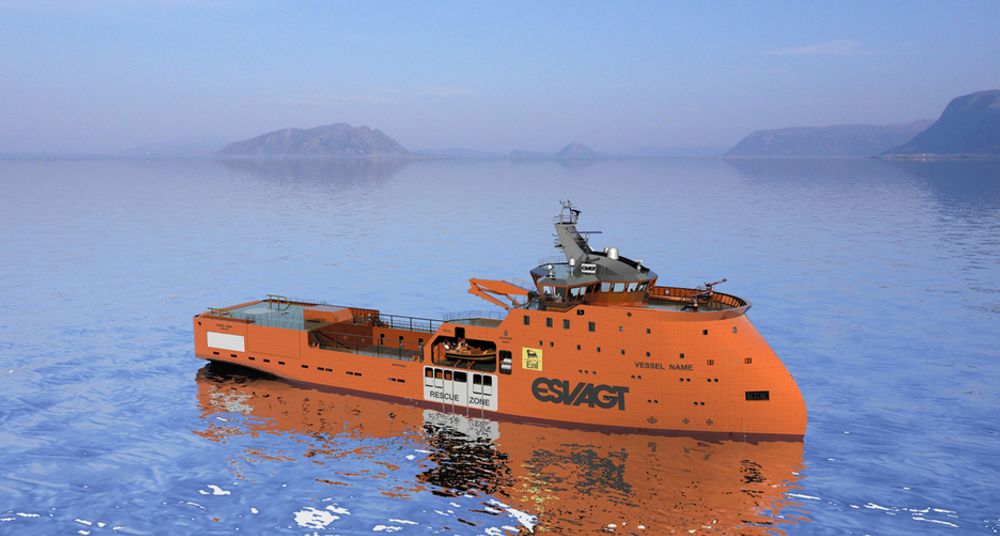 KULDEBEREDT: Beredskapsskip fra det danske rederiet Esvagt bygges med Ulstein SX 123 design. Det blir 80 meter langt og 17 meter bredt. Selv i ekstremvær kan det ta om bord lettbåter via en slipp i akterenden.