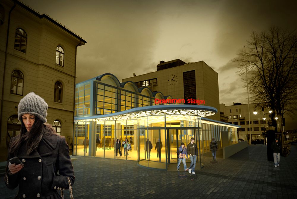 INNBYDENDE: Nye Drammen stasjon blir mer innbydende enn i dag. I tillegg til hovedinngangen blir det to ekstra adkomster til stasjonen.