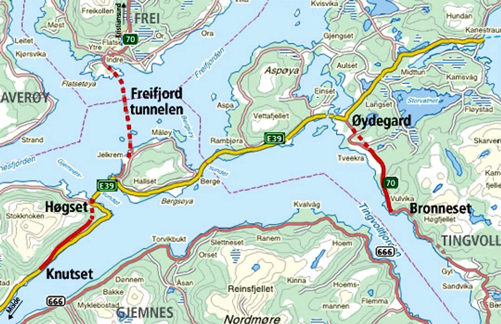 De to tunnelene som sannsynligvis blir drevet av et arbeidsfellesskap mellom Betonmast og Mika, er markert med røde stiplete linjer like ved navnene Høgset og Øydegard.