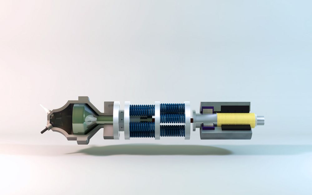 ENKEL: Supersonic Wave Engine har tre hovedelemeter. Fra venstre eksplosjonskammeret med stempel, et fjærsystem som settes i oscillasjon og en lineær generator for  å lage elektrisk energi.