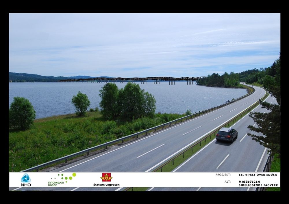 IKON: Ny firefelts bro over Mjøsa kan bli et ikon i tre. Den vil skape internasjonal oppmerksomhet og sette nye verdensrekord. Bildet viser varianten Mjøsbølgen.