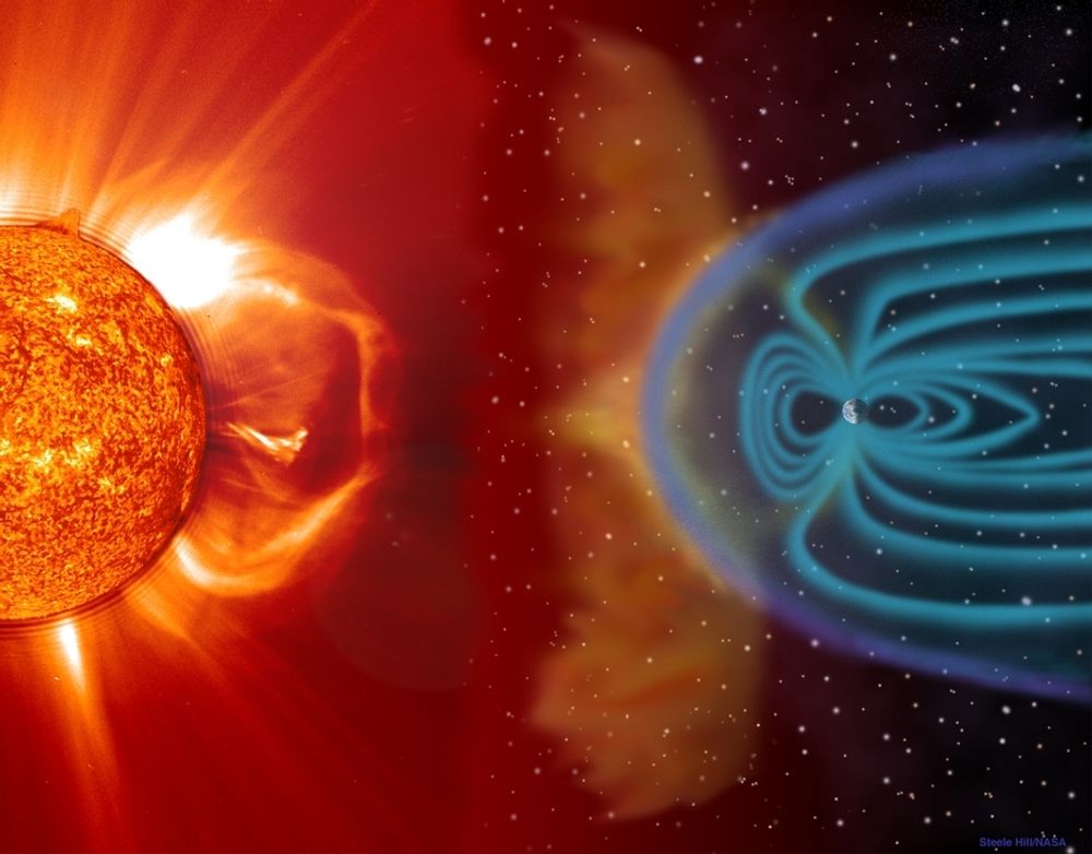 MAGNET: Det kan bli en geomagnetisk storm i magnetfeltet utenfor jorda (den lille blå prikke i det blå feltet) når sola slunger ut ladde aprtikler og plasma under en solstorm (CME).