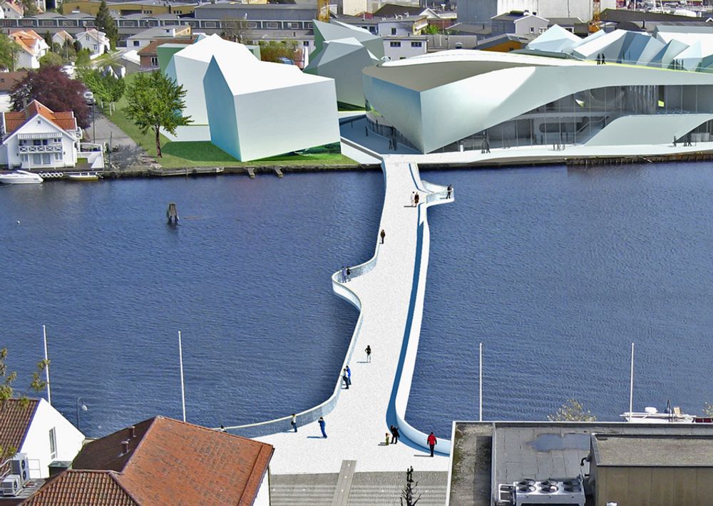 Den nye gang/sykkelbrua vil gjøre det lettere å krysse Mandalselva. Kulturhuset som er under bygging, er tegnet ved elvebredden. Anbudsfristen går ut 22. november.
