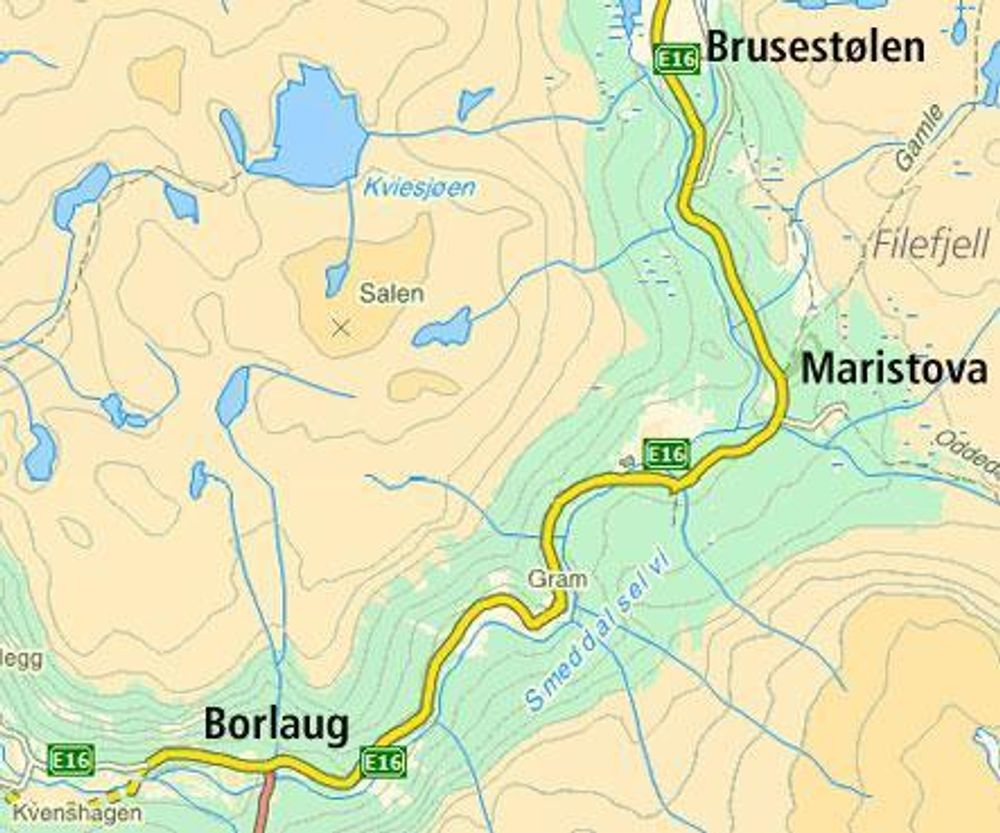 Tunnelen vil gå fra Borlaug til stedet hvor E 16 krysser elva. Endepunktet Brusestølen har skiftet navn til Smeddalsosen siden dette kartet ble laget.