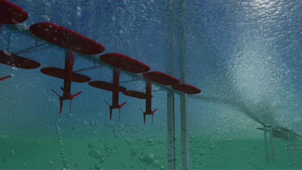 UNDER: I sjøen under broen vil strømmene drive propeller, som gir elektrisk energi.