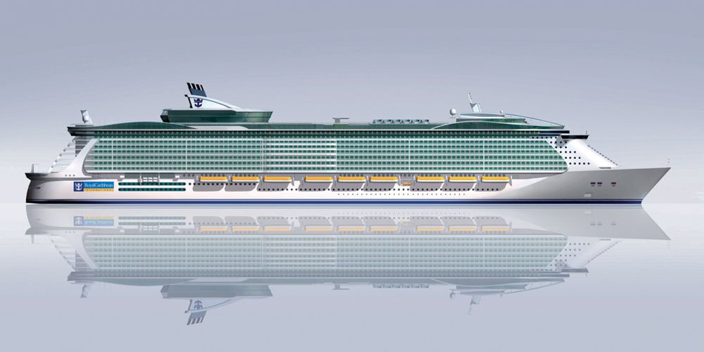 UNIK: Oasis of the Seas - et enromt skip med sine 360 meters lengde og 47  meter bredde. Skipet er har tre åpne langsgående rom med to "boligblokker på hver side, der det er plass til totalt 5.400 passasjerer.