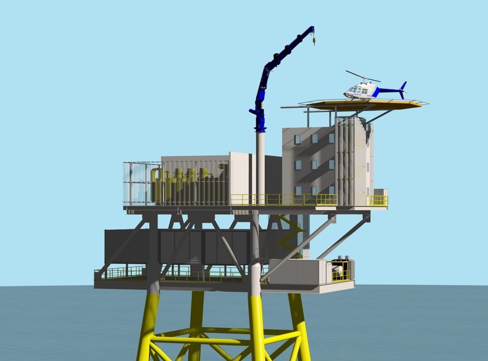 TRANSFORMATORSTASJON: Det er nødvendig å samle opp all strømmen fra ulike vindturbiner i en vindpark til havs før den sendes den i land. Troll WindPower og Bergen Group samarbeider nå om å bygge plattformer med transformatorstasjon om bord.