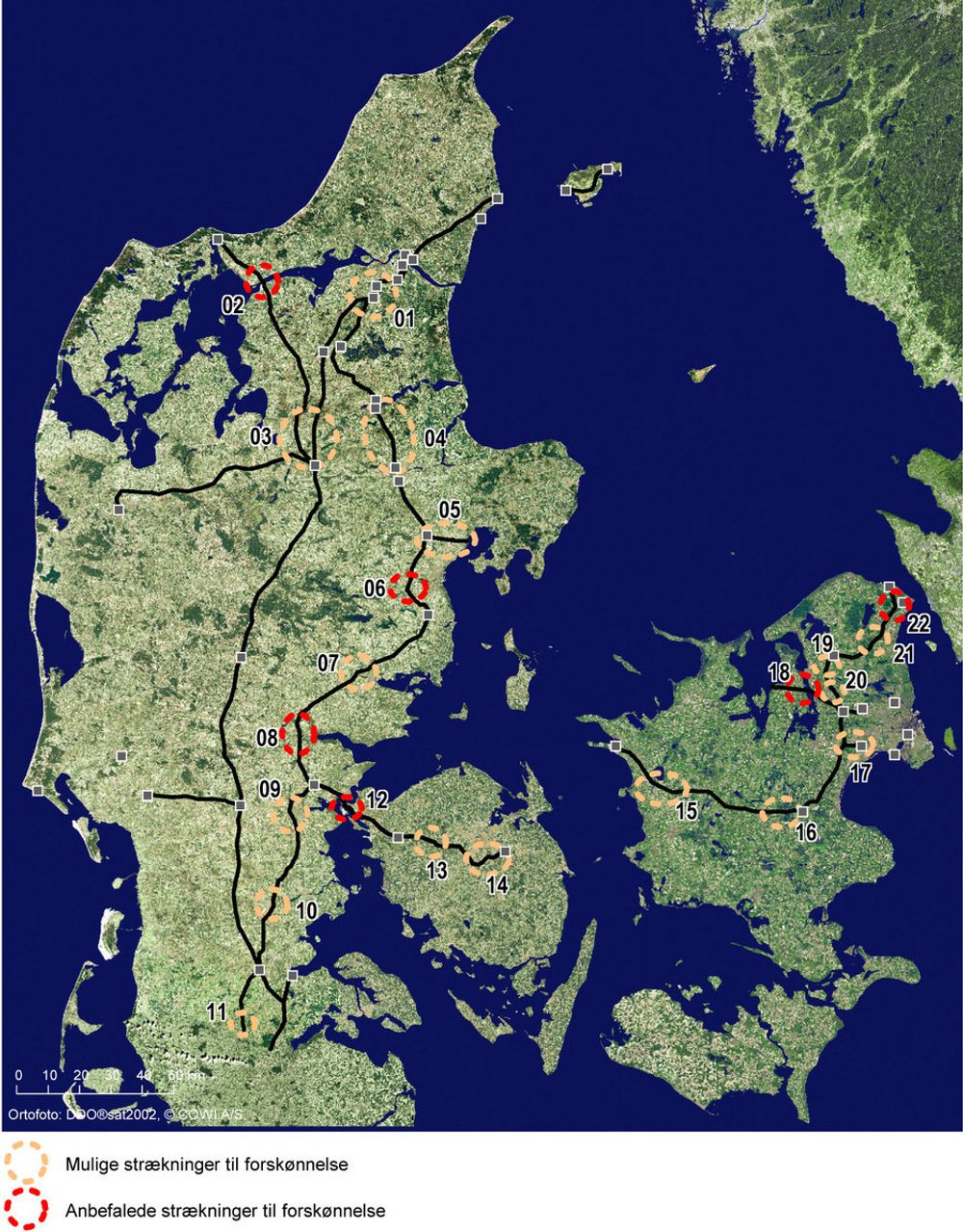 FORSKJØNNES: Disse 22 strekningene vurderes som spesielt utsatte. Her blir miljø og/eller mennesker påvirket av de store kraftlinjene i 400 kV-nettet. Seks av strekningene (markert med rødt) blir nå kablet eller flyttet for å skåne miljøet.