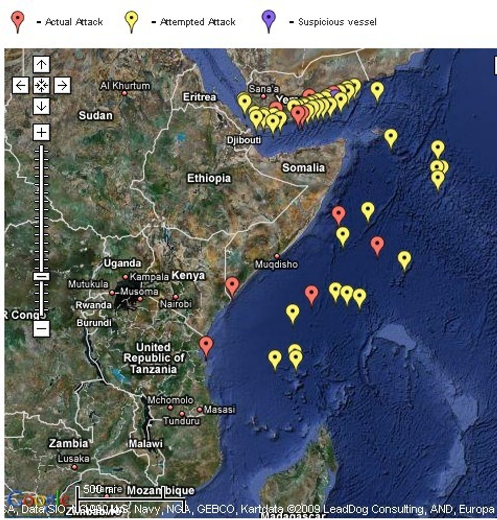 Piratvirksomheten utenfor Somalia 1. april. Rød markør viser ni gjennomførte angrep utenfor Somalia, mens gule viser forsøk på kapring.