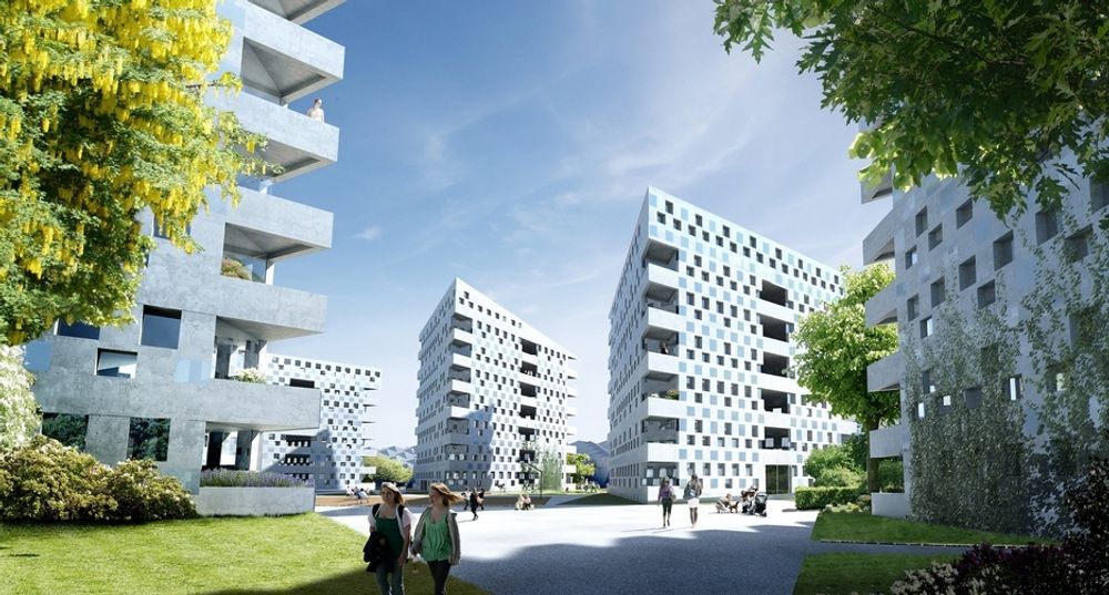 TREKANTER: Boligblokkene blir trekantet, og samtlige 200 leiligheter skal få balkong med sol.