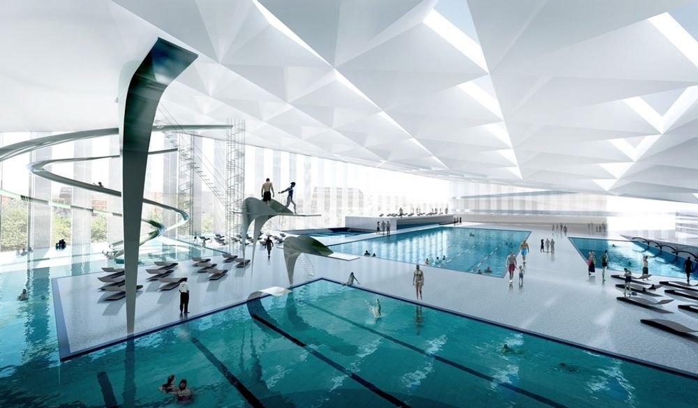 BADELAND:  I tillegg til lek skal badelandet få et 50-meters svømmebasseng som holder konkurransestandard. Utbygger regner med 500 000 gjester hvert år.