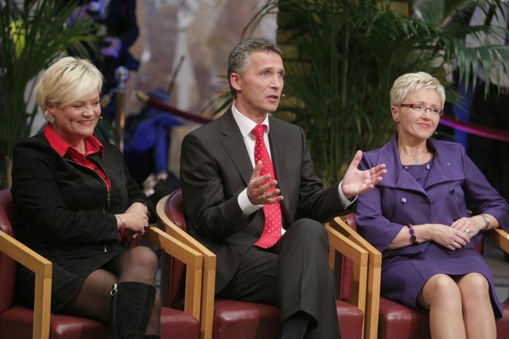SVs Kristin Halvorsen, Aps Jens Stoltenberg og Sps Liv Signe Navarsete under partilederdebatten på stortinget etter midnatt.