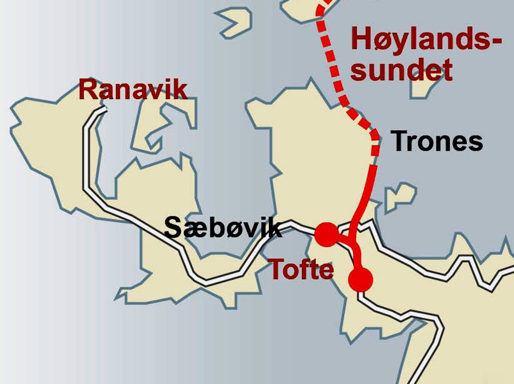 Halsnøytunnelen med tilstøtende veger er markert med rødt. Etter at den ble åpnet, går fergesambandet mellom Kvinnherad og Stord via Ranavik. Vegen mellom Tofte og Ranavik er det ikke gjort mye med inntil nå.