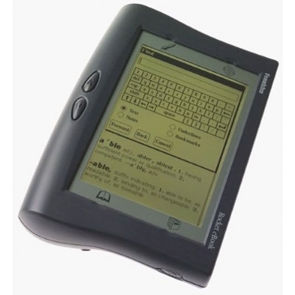 TIDLIG UTE:Franklin EB-500 Rocket eBook kom for ti år siden og var en representant for slik teknologi. Den veide over 600 gram. En temmelig tung sak når man ville lese en bok. På den annen side var batterilevetiden rundt 20 timer. Flashminne som var temmelig kostbart den gangen var begrenset til 4 MB, men det var nok til rundt 10 bøker. Skjermen på 5,5 tommer hadde baklys, men var temmelig dårlige greier i forhold til dagens utgaver.