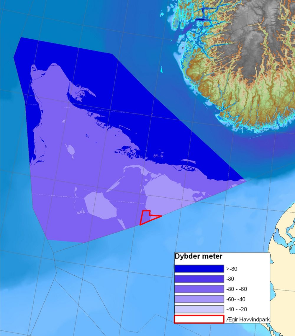 LANGT UTE:Oversiktskartet viser aktuelle dybdeintervaller for ulike deler av sørlige Nordsjøen. Ægir Havvindpark er planlagt i et område der dybdene ligger på mellom 50 og 63 meter