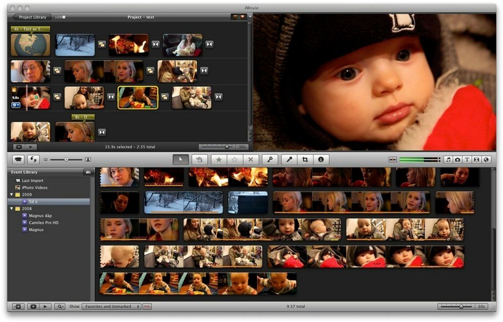 Videoredigering på en ny måte. I iMovie 09 er det ingen tidslinje i tradisjonell forstand. Derimot er det enklere enn noen gang å gjøre presise klipp.
