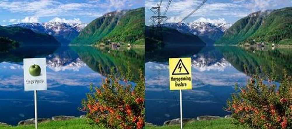 FRYKTER FJORDSPENN: Med manipulerte bilder som forestiller Hardangerfjorden med luftspenn vil organisasjonen Bevar Hardanger samle folks underskrifter.
