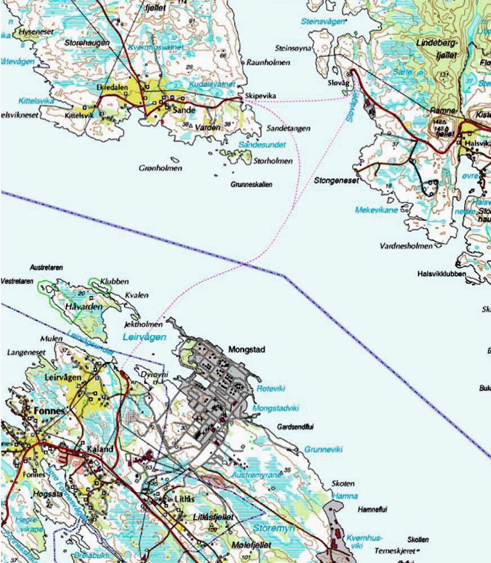 Trekantsambandet er markert med stiplet linje. Når Brandangersundet bru blir ferdig, innstilles anløpene på Skipavik øverst til høyre.