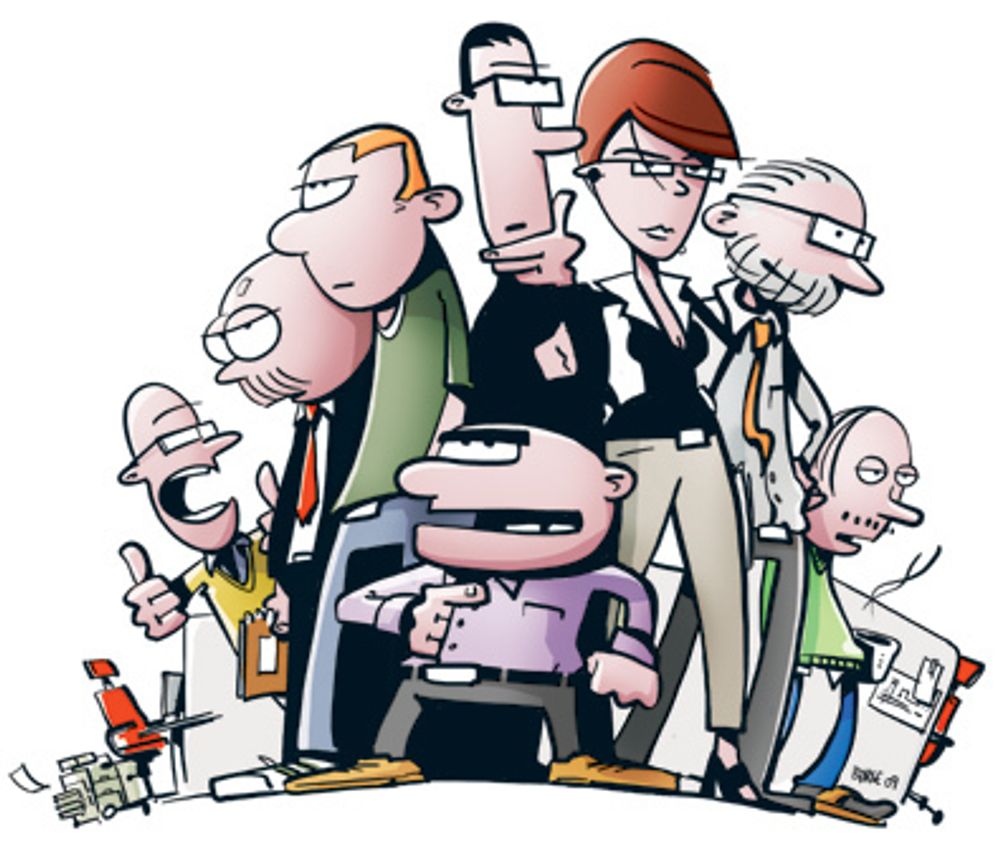 Dette er karakterene i tegneserien "Lunch". Fra venstre: Kalle, Bache, Kim, Nico, Linn, Thorsen, Gustav. Foran i midten: Kjell.