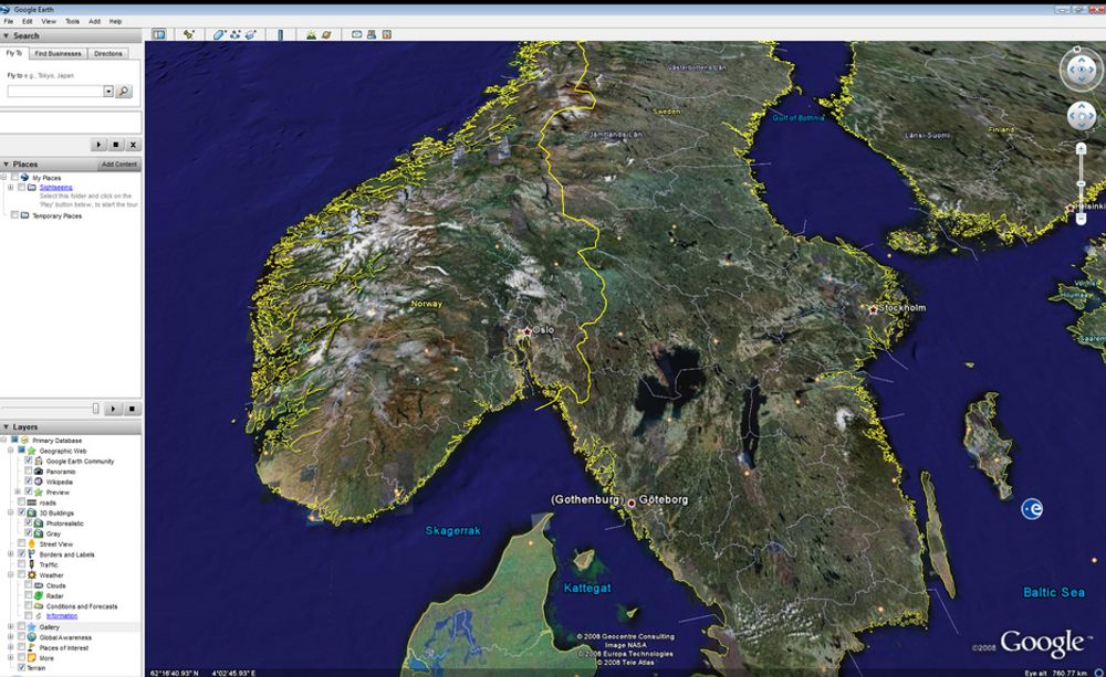 FLY LAVT: Nå kommer Google Earth også på norsk. Versjonen på bildet er på engelsk.