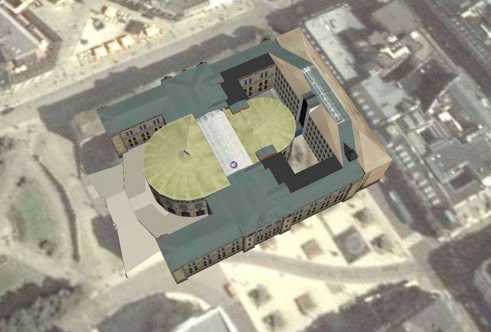 HER ER DET GODT Å SITTE: Stortinget er i lag med Slottet den Oslo-bygningen som er mest forseggjort i 3D på Google Earth.