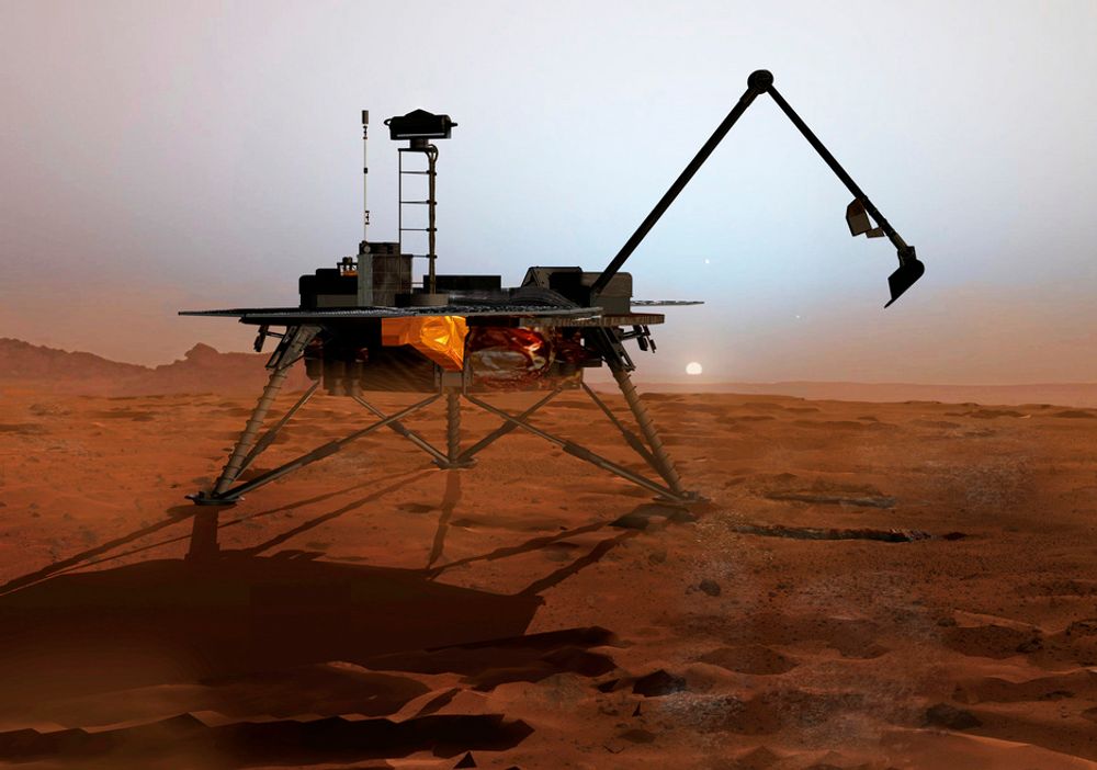 ETTER LANDING: Slik forventer NASA at Phoenix-sonden vil se ut etter å ha landet, forhåpentligvis trygt, på Mars' overflate.