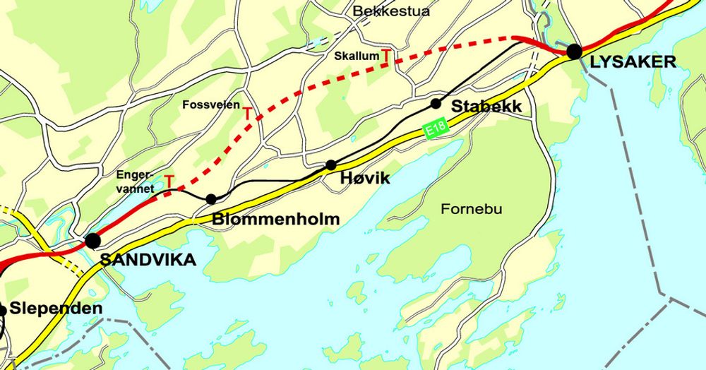 TUNNELEN: Bærumstunnelen blir 5,5 kilometer lang, og vises her med en prikket linje. Tverrslagene er markert med røde T-er. Jernbanetunnelen skal stå ferdig i 2011.
