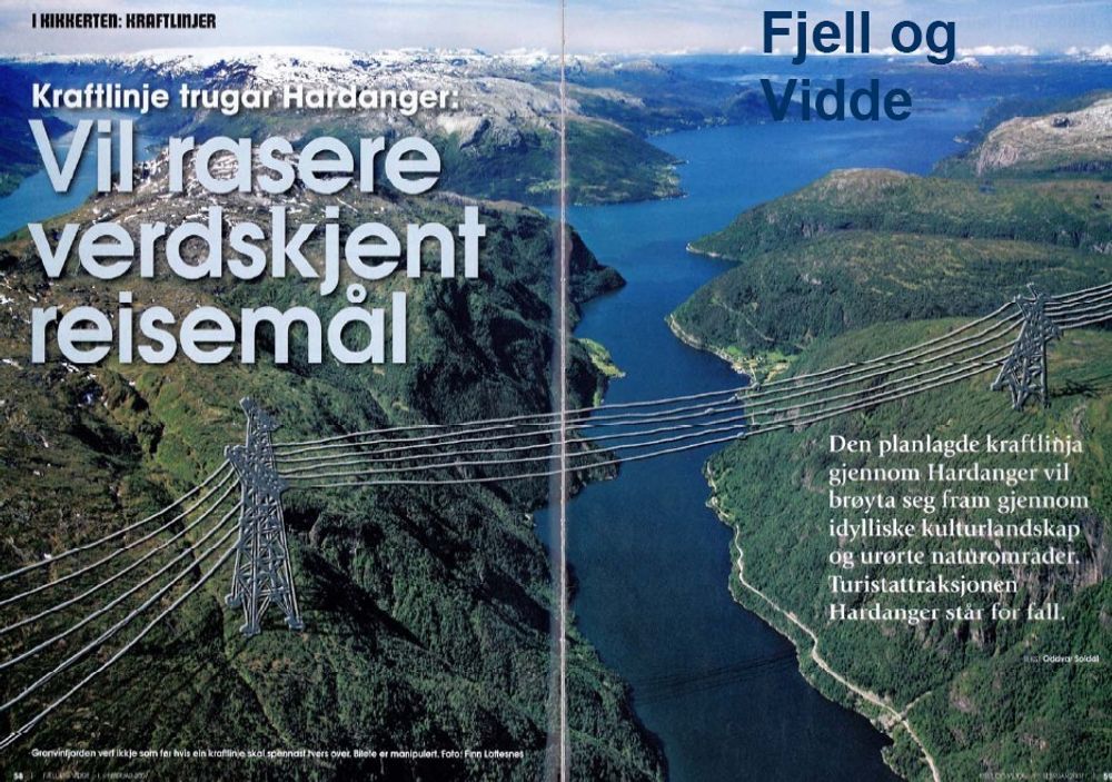 Skremselspropaganda fra DNT. Turistforeningen laget denne brosjyren for å vise hvordan høyspentledninger over Hardangerfjorden vil ødelegge naturopplevelsen. NVE likte ikke propagandaframstøtet.