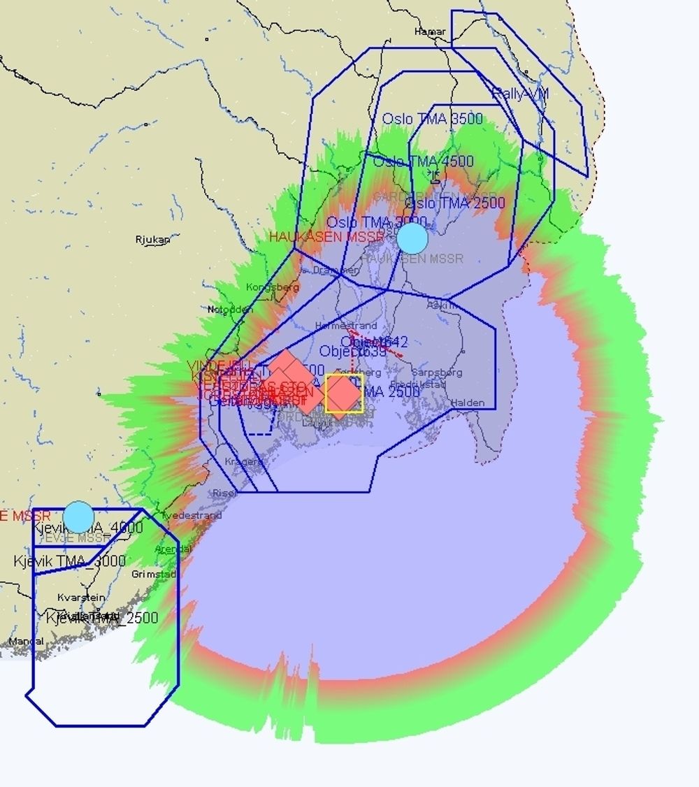 Slik blir det nye radardekningskartet for Sør-Norge når den nye Kihlås-radaren blir operativ.