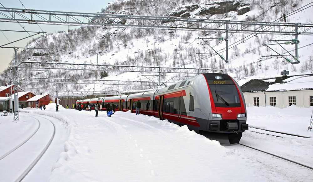 Stadler Flirt er bygget for å takle krevende jernbanestrekninger og tøffe vintre, som her på Myrdal stasjon (866,8 moh) i Aurland.