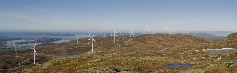 Illustrasjon av Midtfjellet Vindpark i Fitjar kommune. Dette er alternativ A i utbyggelsesplanen som består av 42 møller på 3,6 MW. Alternativ B har 46 møller på 2,3 ¿ 3,0 MW.