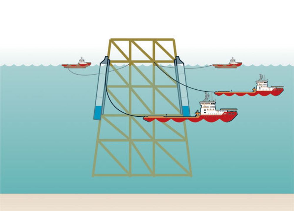 Aker Solutions har løftet opp boreplattformen DP2 i Nordsjøen, og holder nå på å taue den inn til land.
