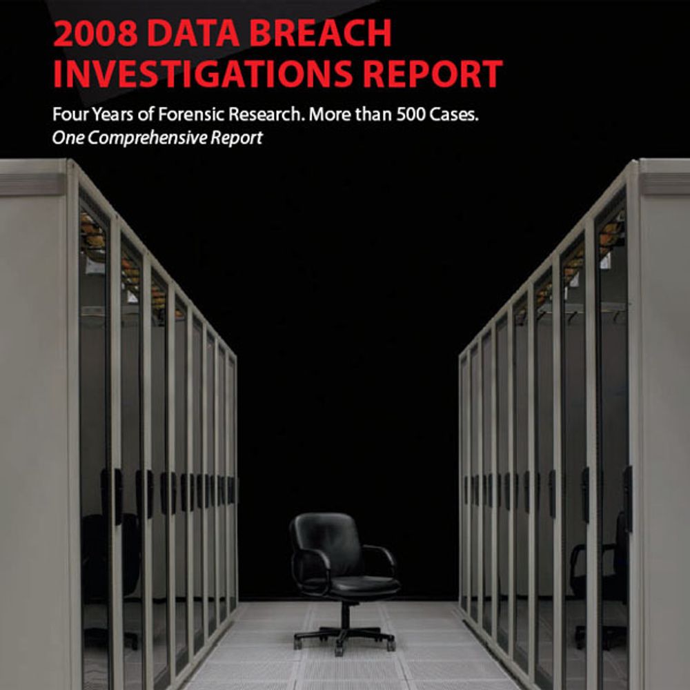 Slik ser forsiden på rapportem 2008 Data Breach Investigation Report ut.