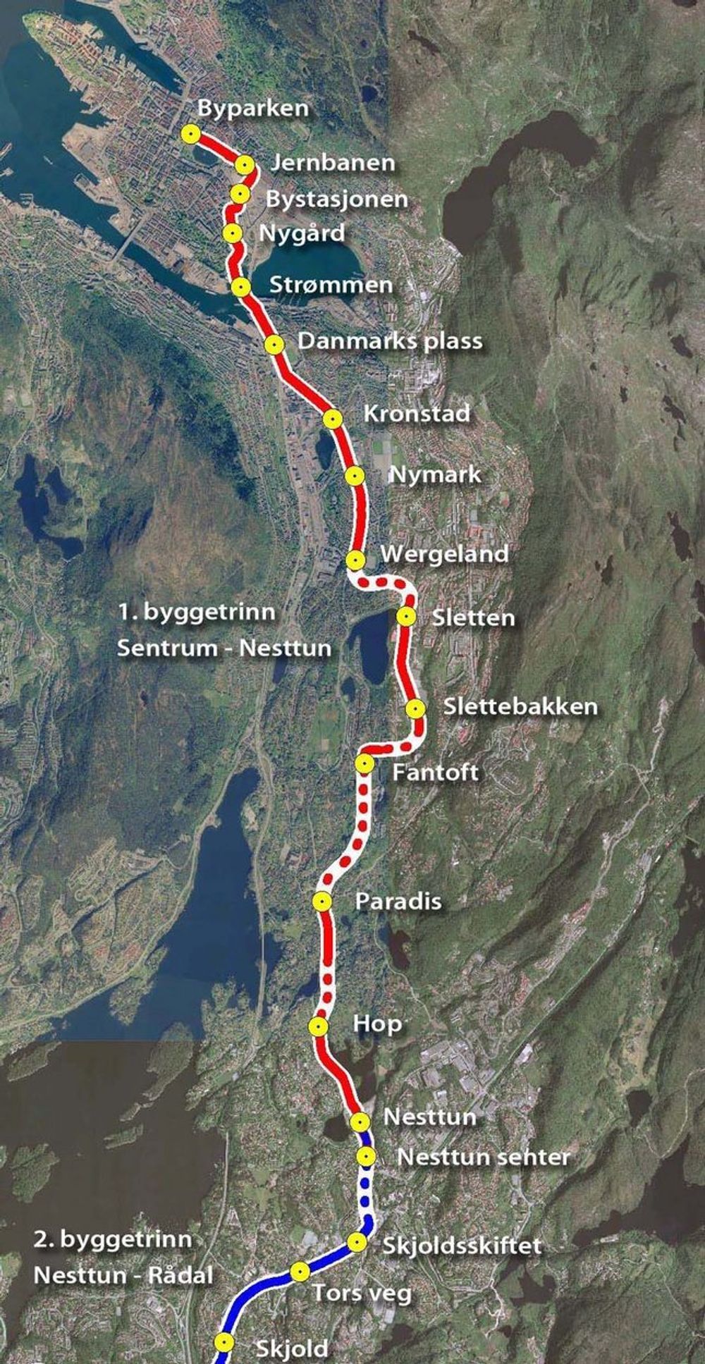 OVERBLIKK: Slik snor Bybanetrasseen seg frem fra sentrum av Bergen til Nesttun, en strekning på 9,8 kilometer.