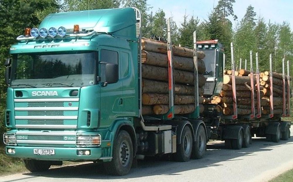 TÅLER IKKE NORSK TØMMER: Mange norske fylkesveger er i så dårlig forfatning at de ikke tåler en fullastet tømmerbil, som vist på bildet. Dette koster 40 millioner kroner i året, mener Transportbrukernes Fellesorganisasjon.