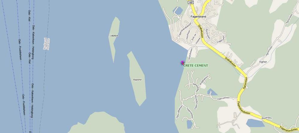 Nøyaktig posisjon på Crete Cement, sporet via APRS.fi og plottet inn på Googlemaps. Øya Aspond ligger rettutenfor Fagerstrand.