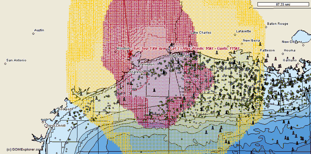 Kartet viser hvor orkanen Ike traff land ved Galveston, ikke langt far sorbyen Houston. Kartet viser også alle plattformer, faste og flytende, som ligger i denne delen av Mexicogulfen.