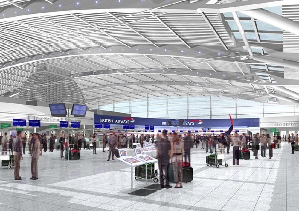 Terminal 5 kan håndtere 30 millioner passasjerer årlig, og har 96 enheter for selvbetjent innsjekking.
