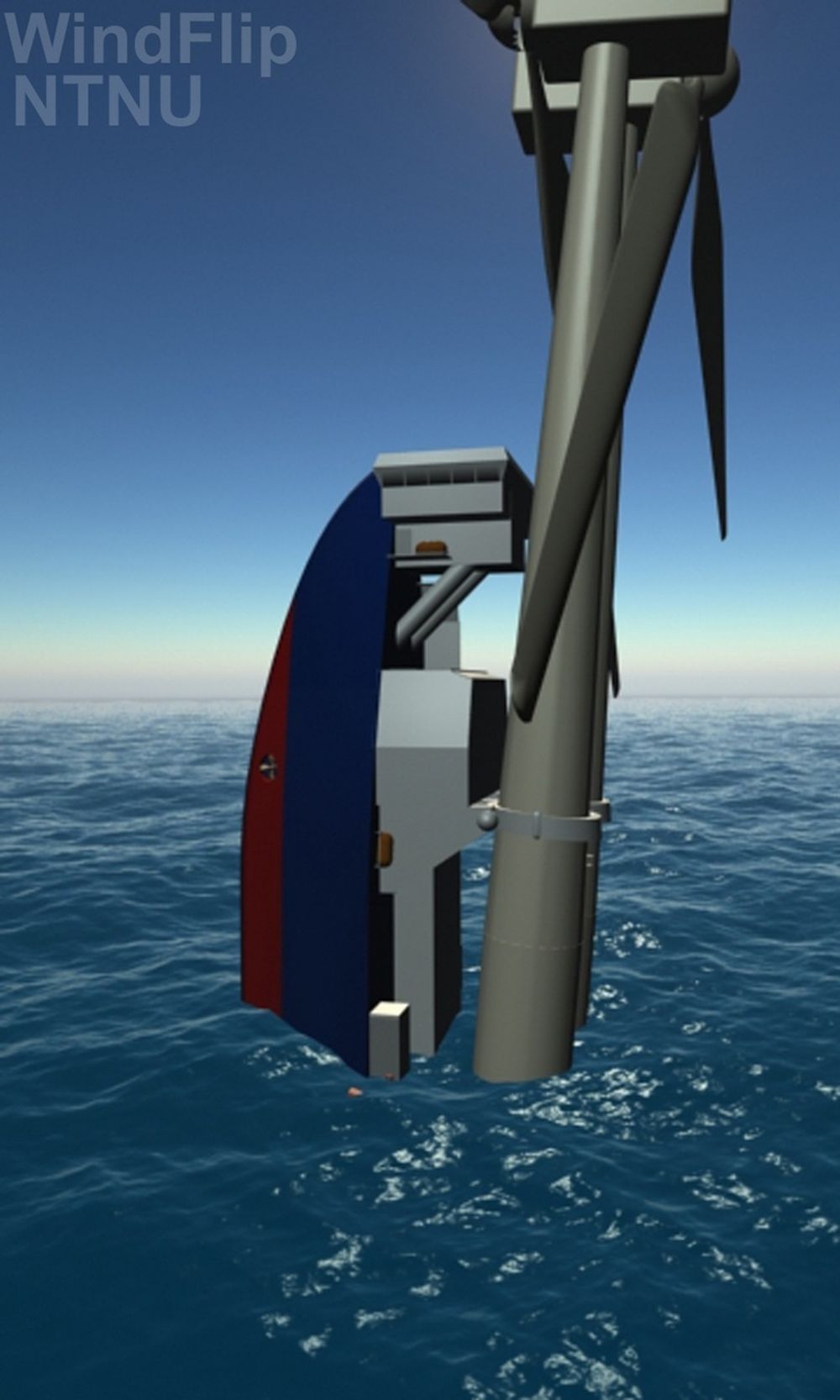 TURBINEN SENKES NED: Skipet, som har fått det illustrerende navnet Windflip, kan "flippe" og bokstavelig talt stilles på høykant ned i sjøen. Dermed kan vindturbinene forløses fra skipet på en mer kontrollert og sikker måte. Når turbinene skal installeres flipper hele skipet 90 grader, og beveger seg minimalt i bølgene.