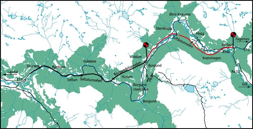 KORTERE: Med parsellen Voldum ¿ Borlaug og de to tunnelene Seltatunnelen og Borgundtunnelen, er E16 i Lærdal kortet inn med 7,2 km.