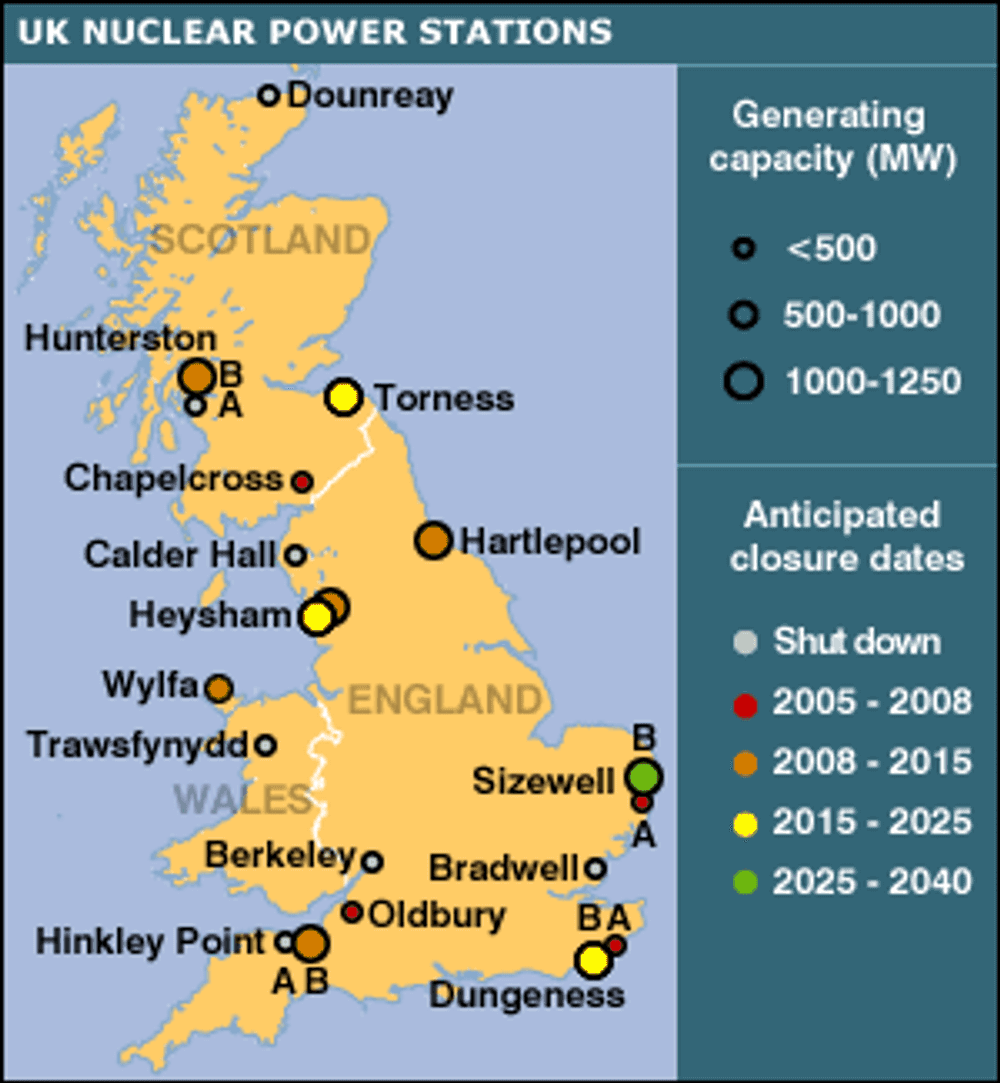 Oversikt over britiske atomkraftverk.