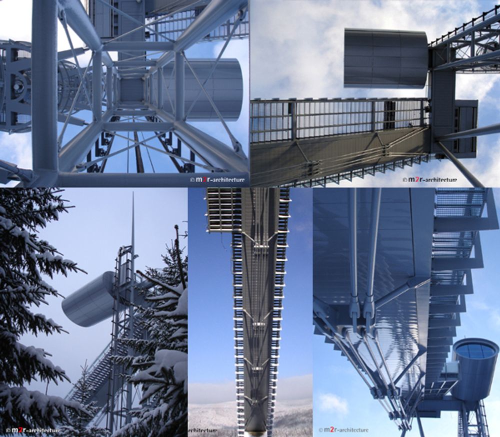 UTEN BETONG: Vogtland Arena i Klingenthal, Tyskland, sto ferdig til jul i 2005. Tårnet holdes oppe av en fagverkskonstruksjon i stål. Også ovarennet er kun av stål.