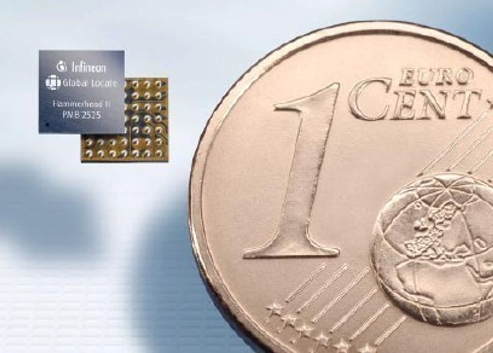 IKKE STORE KAR'N: Infineons Hammerhead II GPS-chip måler bare 3,79 x 3,59 mm.