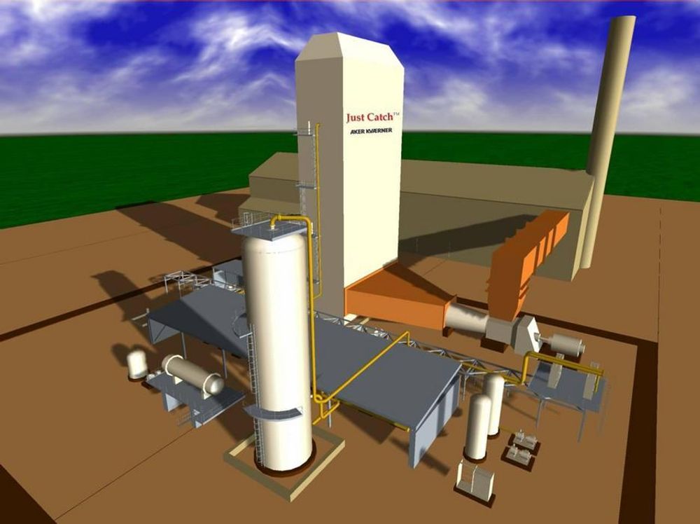 KUN FANGST: Aker Kværners prosjekt har fått støtte fra Gassnova. Dette skal rense avgassen for CO2. Aker Kværner regner med at dette er enklest å få til innenfor de økonomiske rammene som finnes. Det store hvite bygningen i midten er absorbsonstårnet hvor avgassen reagerer med aminet. Just Catch er klart til å bygges i 2010.