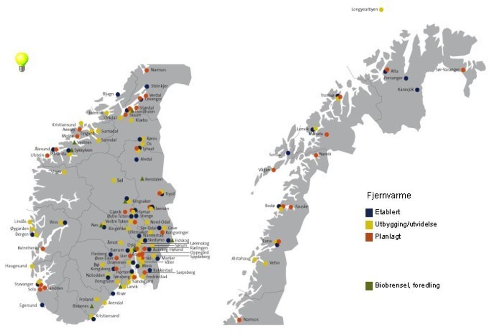 Her er Norges eksisterende og planlagte fjernvarmeanlegg. Grafikk: Enova