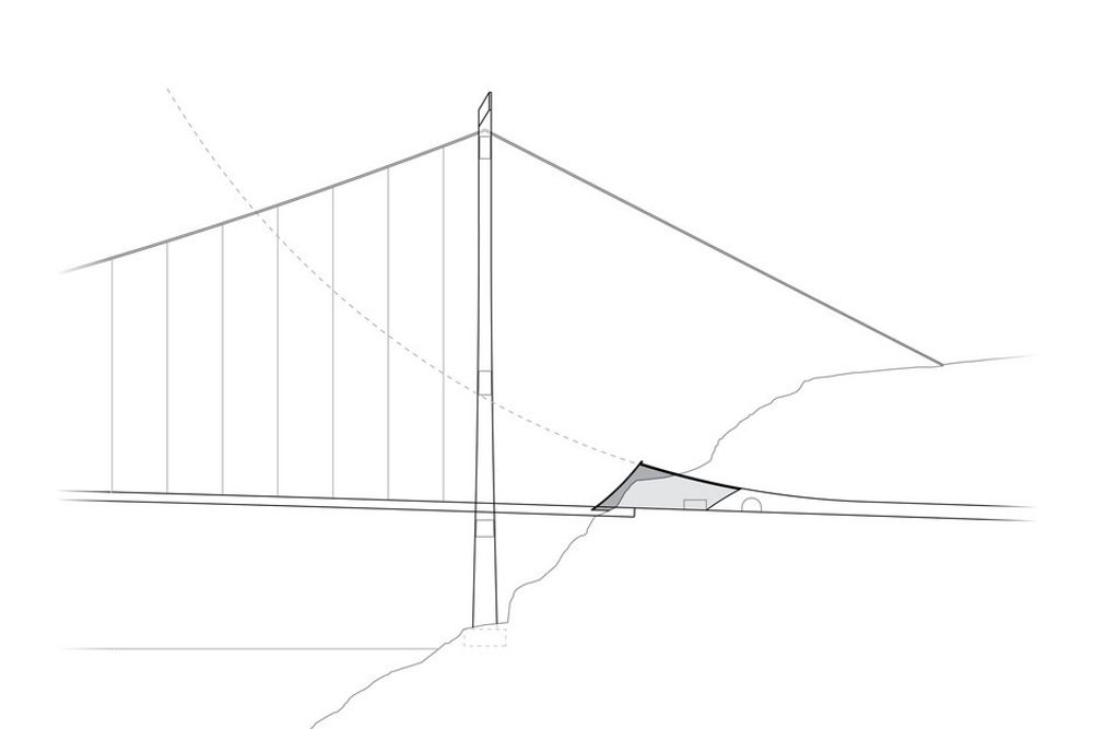 Prinsippskisse av linjene som viser hvordan tunneltaket går i linje med rigelen i tårnet.