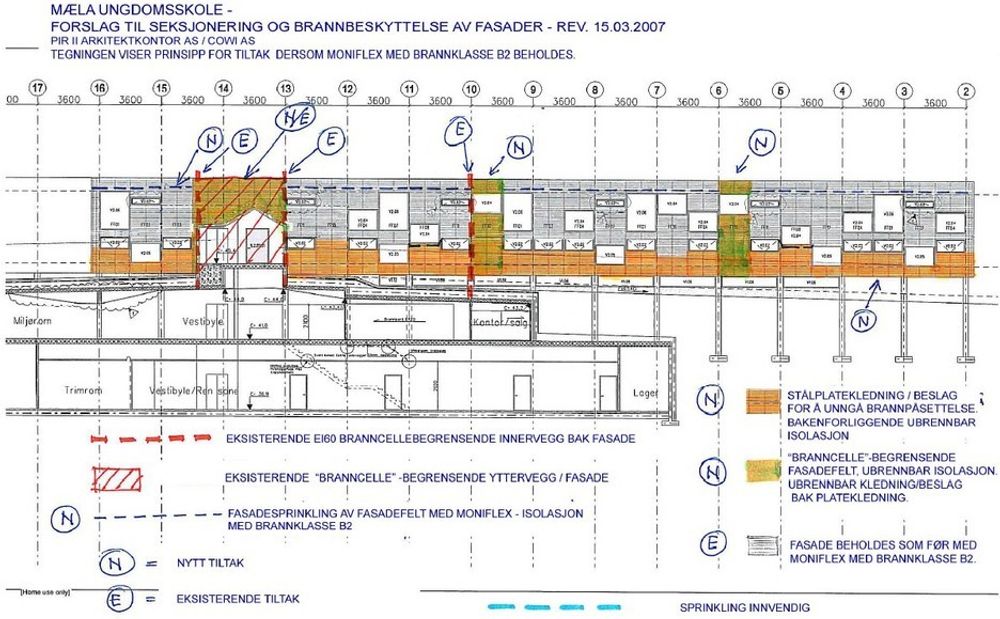 ENDRINGER: Slik foreslår Pir II Arkitektkontor seksjonering og brannbeskyttelse av fasadene ved Mæla skole. Bare der det er grått skal fasaden beholdes slik den er i dag.