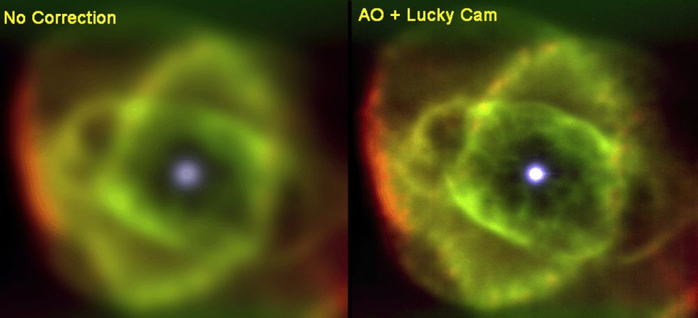 STOR FORSKJELL: Her ser du bildet av Kattøyetåken (NGC 6543) før (t.v.) og etter (t.h.) behandling med Lucky-systemet.
