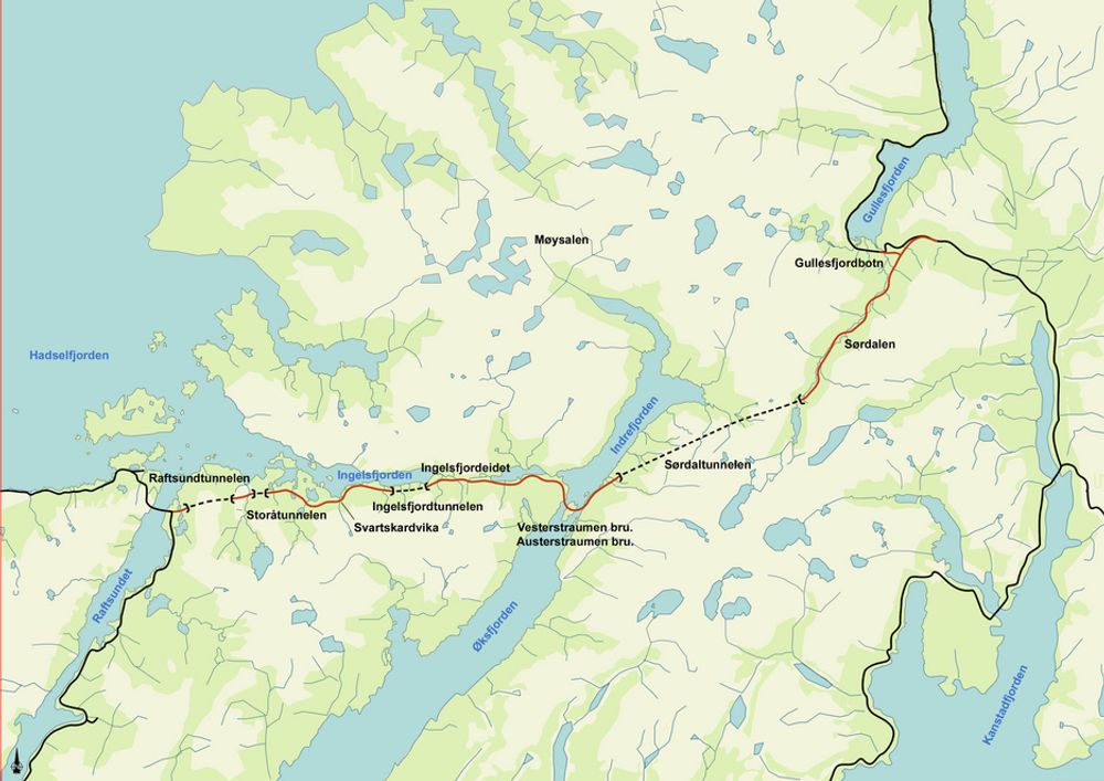 DEL 2: Kart over Lofast del 2 som går fra Raftsundet til Gullesfjordbotn. På den 52,5 km lange strekningen er det fire tunneler med Sørdalstunnelen som den lengste på 6370 meter.ILL.: STATENS VEGVESEN